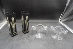 2 Glass Candlestick Holders & 2 Vases (With Inlaid Mother Of Pearl)