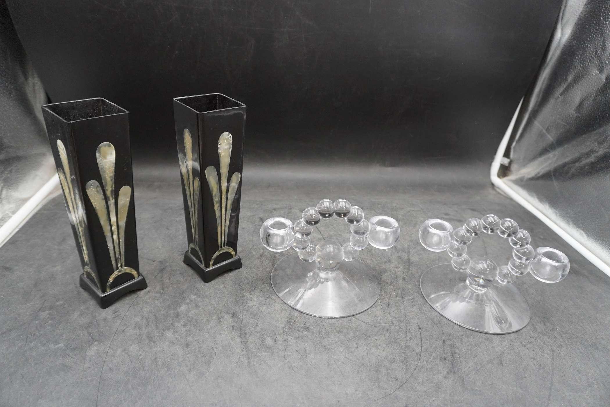 2 Glass Candlestick Holders & 2 Vases (With Inlaid Mother Of Pearl)