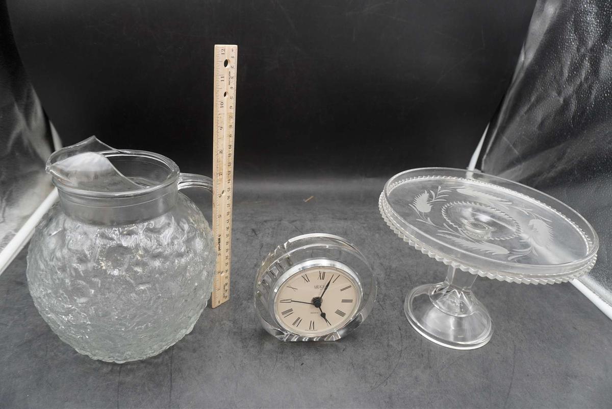 Glass Pitcher, Mikasa Clock & Glass Cake Stand