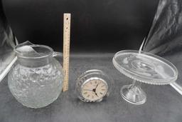 Glass Pitcher, Mikasa Clock & Glass Cake Stand