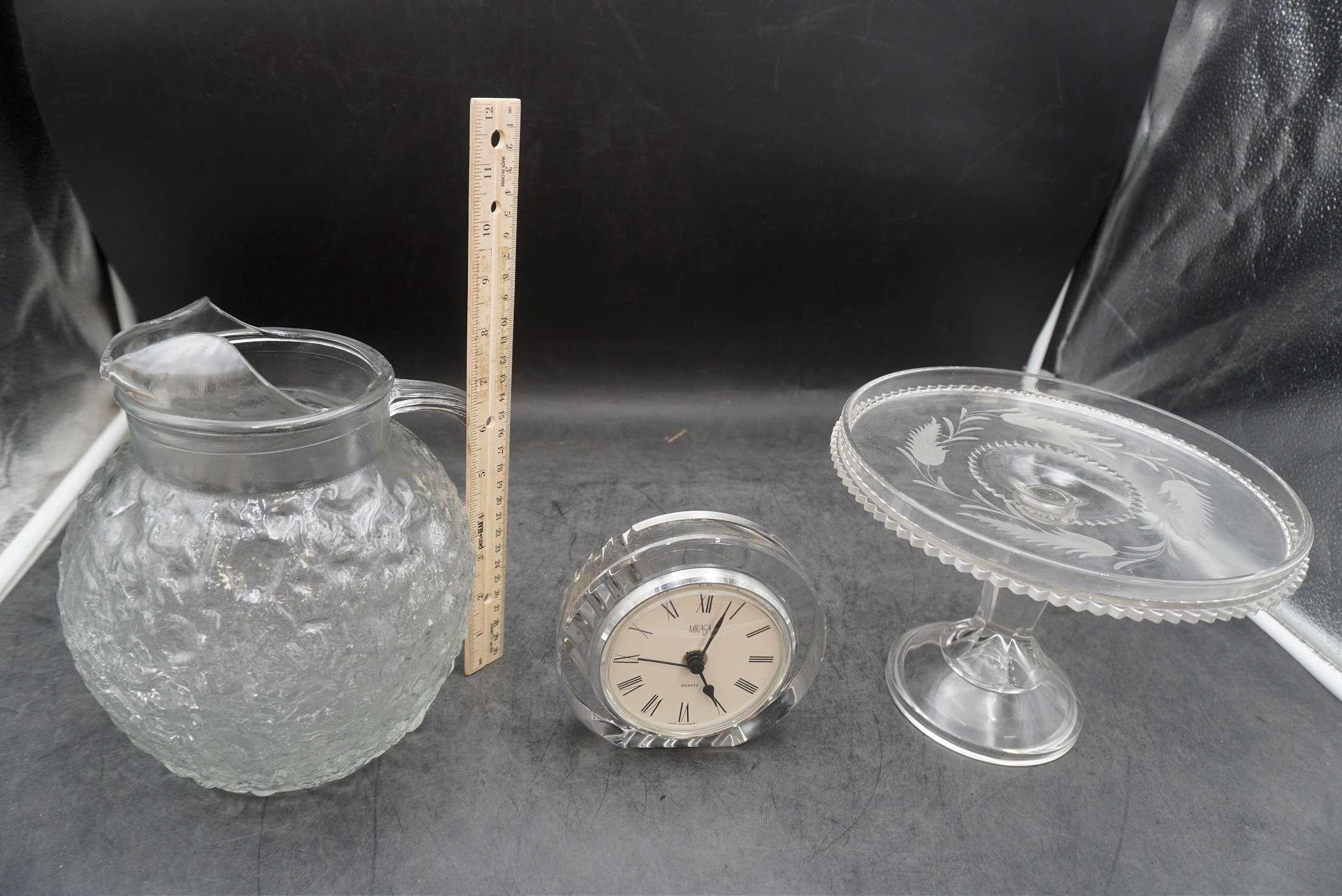 Glass Pitcher, Mikasa Clock & Glass Cake Stand