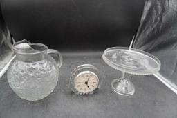 Glass Pitcher, Mikasa Clock & Glass Cake Stand