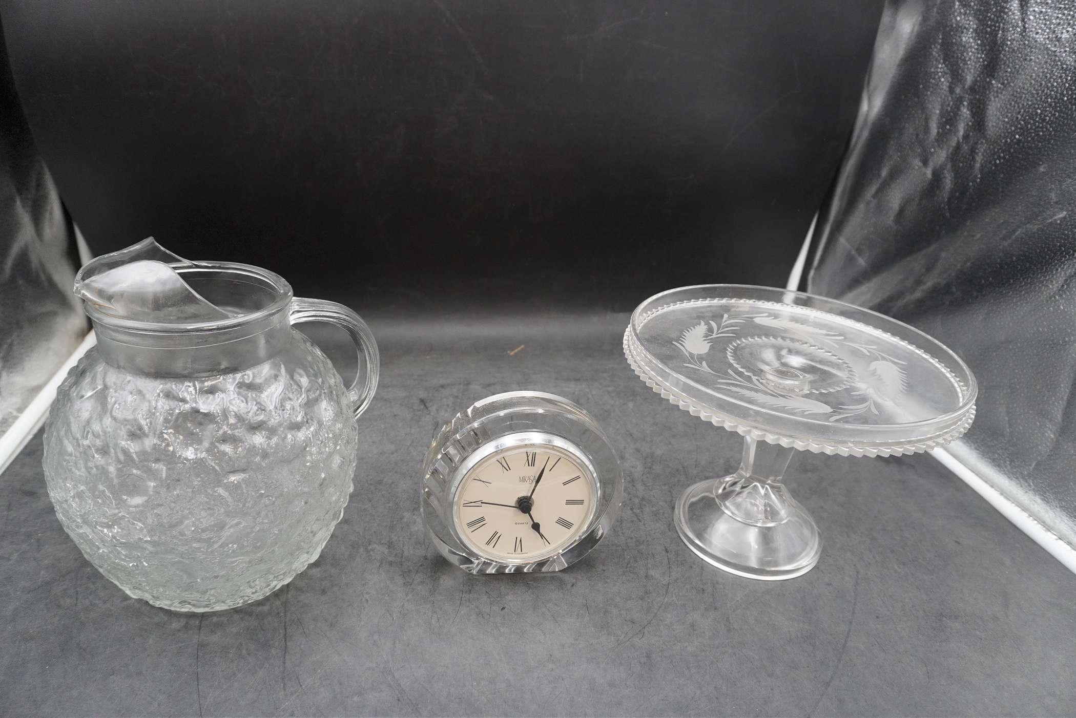 Glass Pitcher, Mikasa Clock & Glass Cake Stand