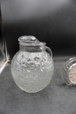 Glass Pitcher, Mikasa Clock & Glass Cake Stand