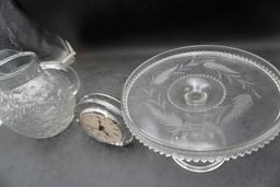 Glass Pitcher, Mikasa Clock & Glass Cake Stand