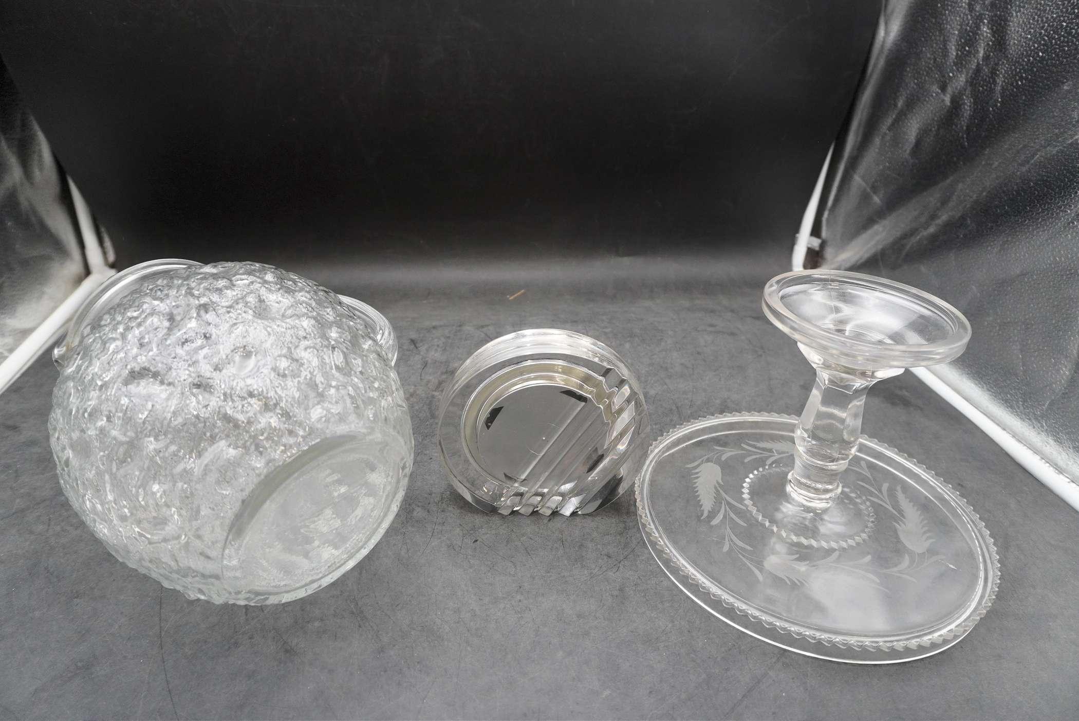 Glass Pitcher, Mikasa Clock & Glass Cake Stand