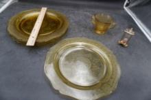 Embossed Glass Plates, Sugar Bowl & Hourglass