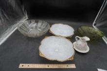 Glass Bowl, Green Grape Glass Bowl, Pitcher W/ Bowl, Milk Glass W/ Gold Edge Bowls