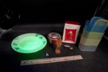 Spam Containers, Keepsake Ornament, Figurine, Buttons, Tin & Glowing Bowl (Chipped)