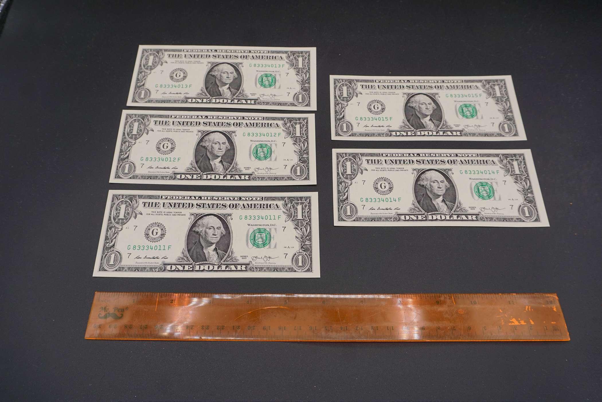 5 Consecutive 2013 $1 Bills
