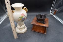 Painted Floral Vase & Wooden Coffee Grinder (Corner Is Damaged)