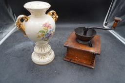 Painted Floral Vase & Wooden Coffee Grinder (Corner Is Damaged)