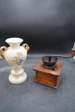 Painted Floral Vase & Wooden Coffee Grinder (Corner Is Damaged)