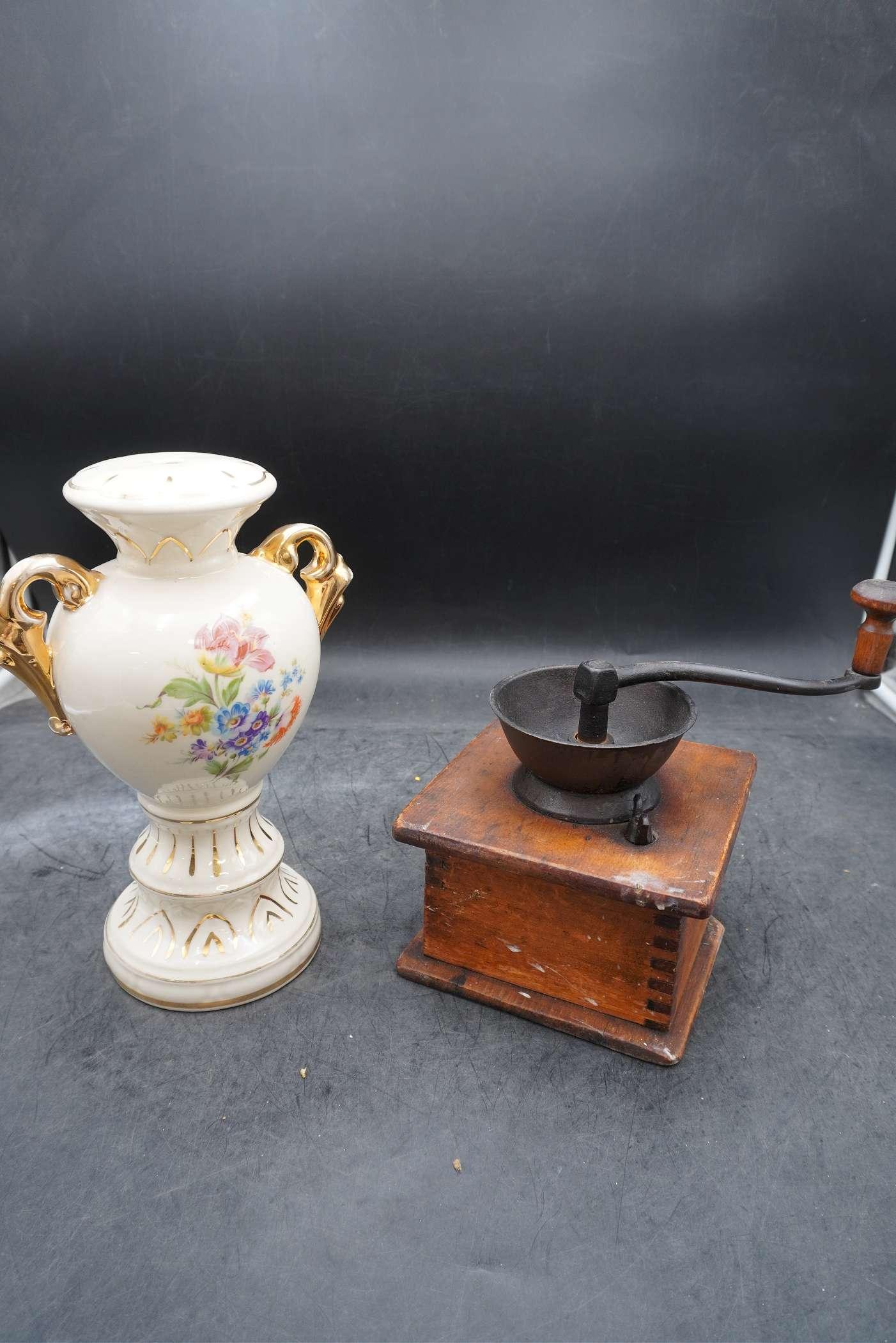 Painted Floral Vase & Wooden Coffee Grinder (Corner Is Damaged)