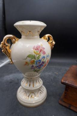 Painted Floral Vase & Wooden Coffee Grinder (Corner Is Damaged)