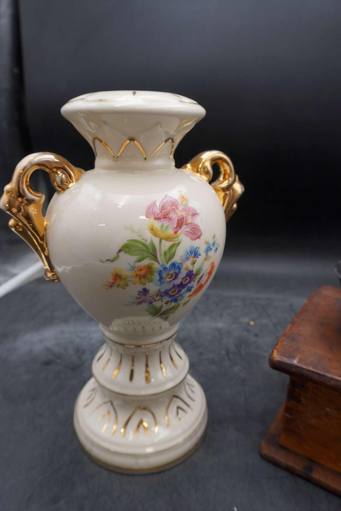 Painted Floral Vase & Wooden Coffee Grinder (Corner Is Damaged)