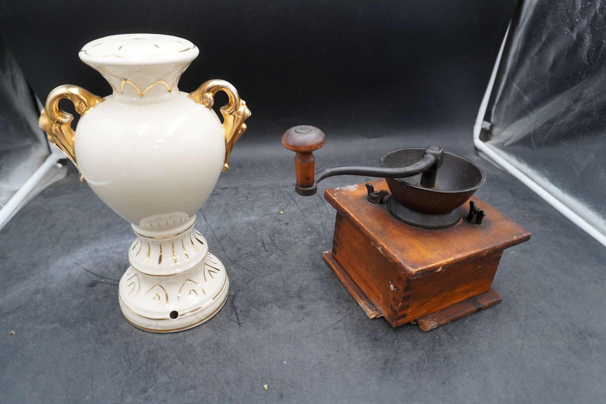Painted Floral Vase & Wooden Coffee Grinder (Corner Is Damaged)