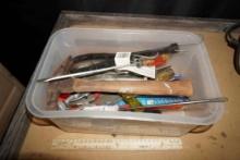 Plastic Tub W/ Hammer, Bungee Cord, Screwdrivers & More
