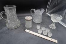 Glass Pitchers, Sugar Shaker, Goblet & Small Glasses