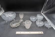 Footed Glass Bowls, Glass Dish, Glass Cup, Pitcher & Spoon
