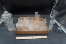 Glass Cookie Jar, Bud Vase, Cruet, Candlesticks, Bell, Dishes & Tray