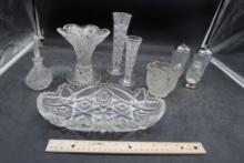 Glass Tray, Vases, Cruet, Creamer & Shaker