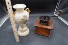 Painted Floral Vase & Wooden Coffee Grinder (Corner Is Damaged)
