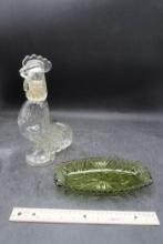 Glass Rooster & Green Glass  Butter Dish