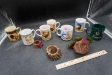 Assorted Mugs, Napkin Ring & Wooden Decorations