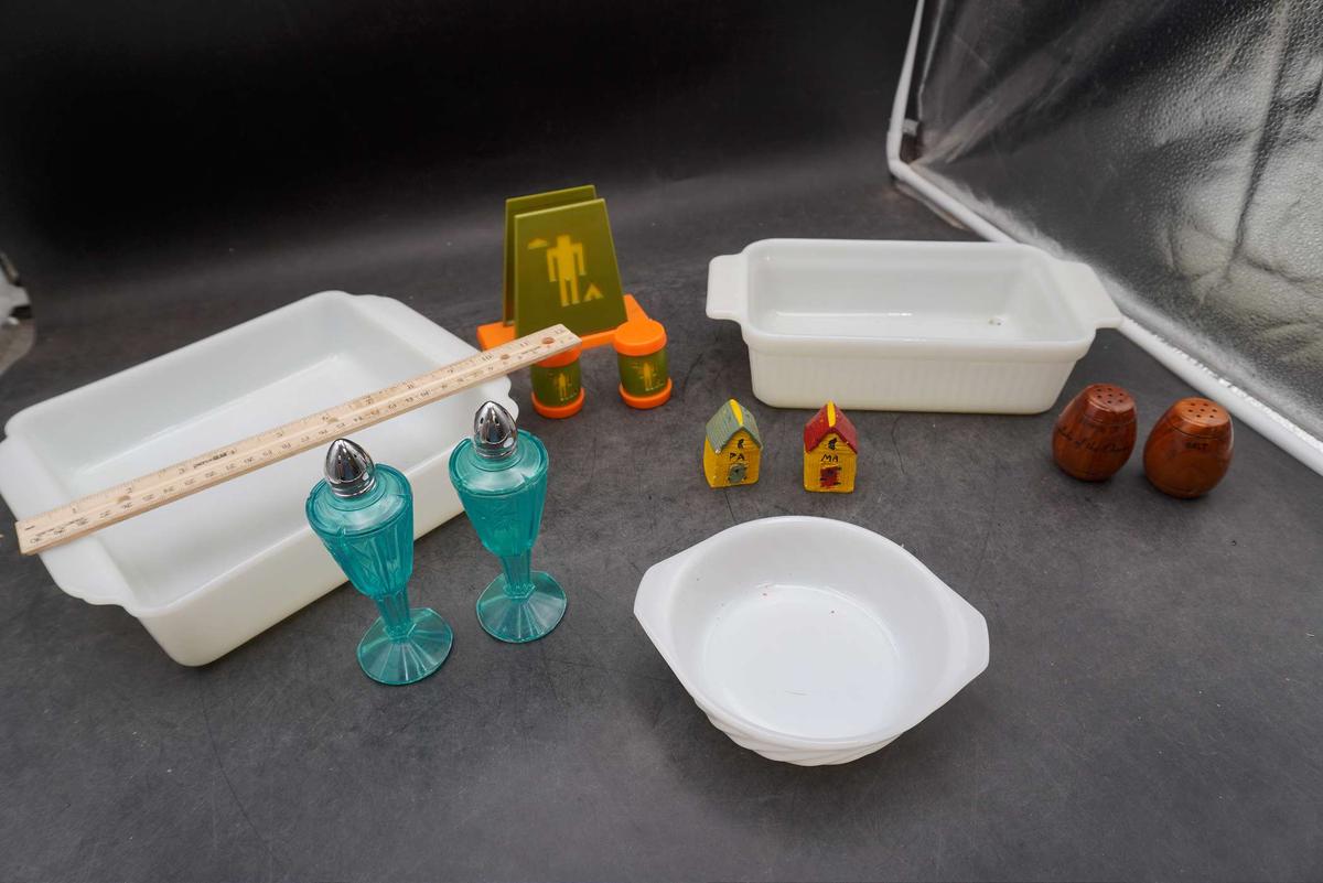 Assorted Shakers, Napkin Holder & Baking Dishes (Fire-King)