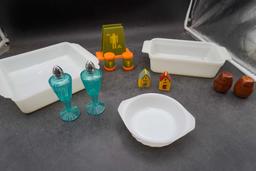 Assorted Shakers, Napkin Holder & Baking Dishes (Fire-King)