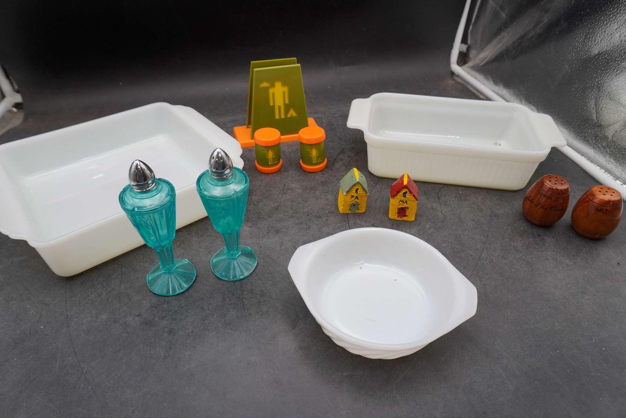 Assorted Shakers, Napkin Holder & Baking Dishes (Fire-King)