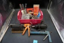 Red Plastic Tub W/ Caulk Guns, Drill, Putty Knives, Brush, Sockets, Wire Twists & Nails