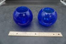 2 - Blue Glass Candle Holders