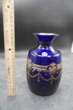 Handmade Lead Crystal Blue Glass Vase W/ Gold Details (Made In Portugal)