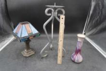 Lamp W/ Stained Glass Shade, Metal Candle Holder & Purple Vase