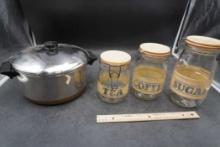Tea Coffee & Sugar Canisters, Revere Ware Pot W/ Lid