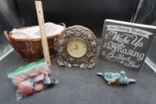Basket, Clock, Blue Bird Figurines, Be Amazing Sign