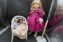 Doll W/ Stand, Doll Rocking Chair & Small Dolls