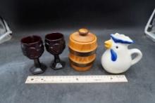 2 Goblets, Goose Creamer, Barrel Looking Container