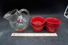Glass Tomato Pitcher & 4 World Market Red Ramekins