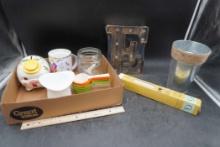 Lighted "E", Metal Bucket,  Measuring Cups, Glass Jar, Mug, Piggy Bank, Ceramic Hat & Vinyl Paper