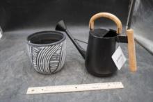 6" White Stripes Egg Pot & Watering Can W/ Wooden Handles