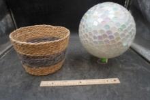 Blue Stripe Basket & Mosaic White Pearl Gazing Ball 10"
