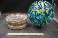 Blue Stripe Basket & Speckle Blue Gazing Ball 10"