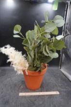 Planter W/ Green Leaves & White Sprays