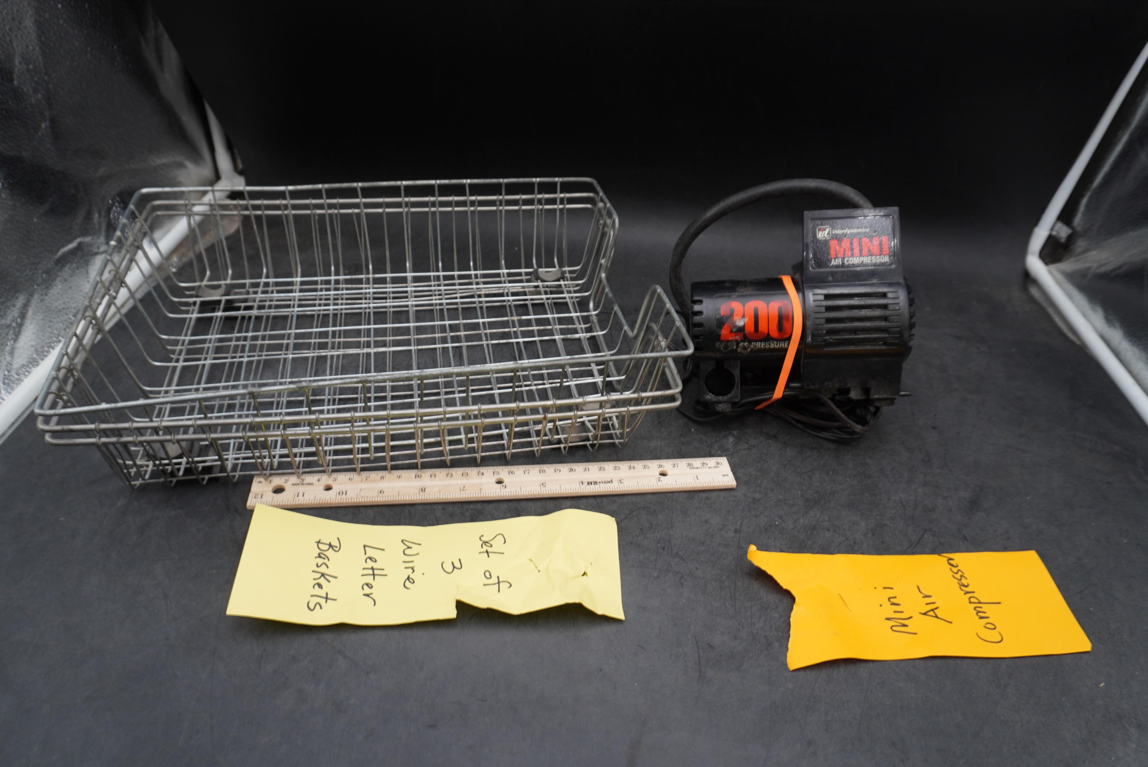 Set Of 3 Wire Letter Baskets & Mini Air Compressor