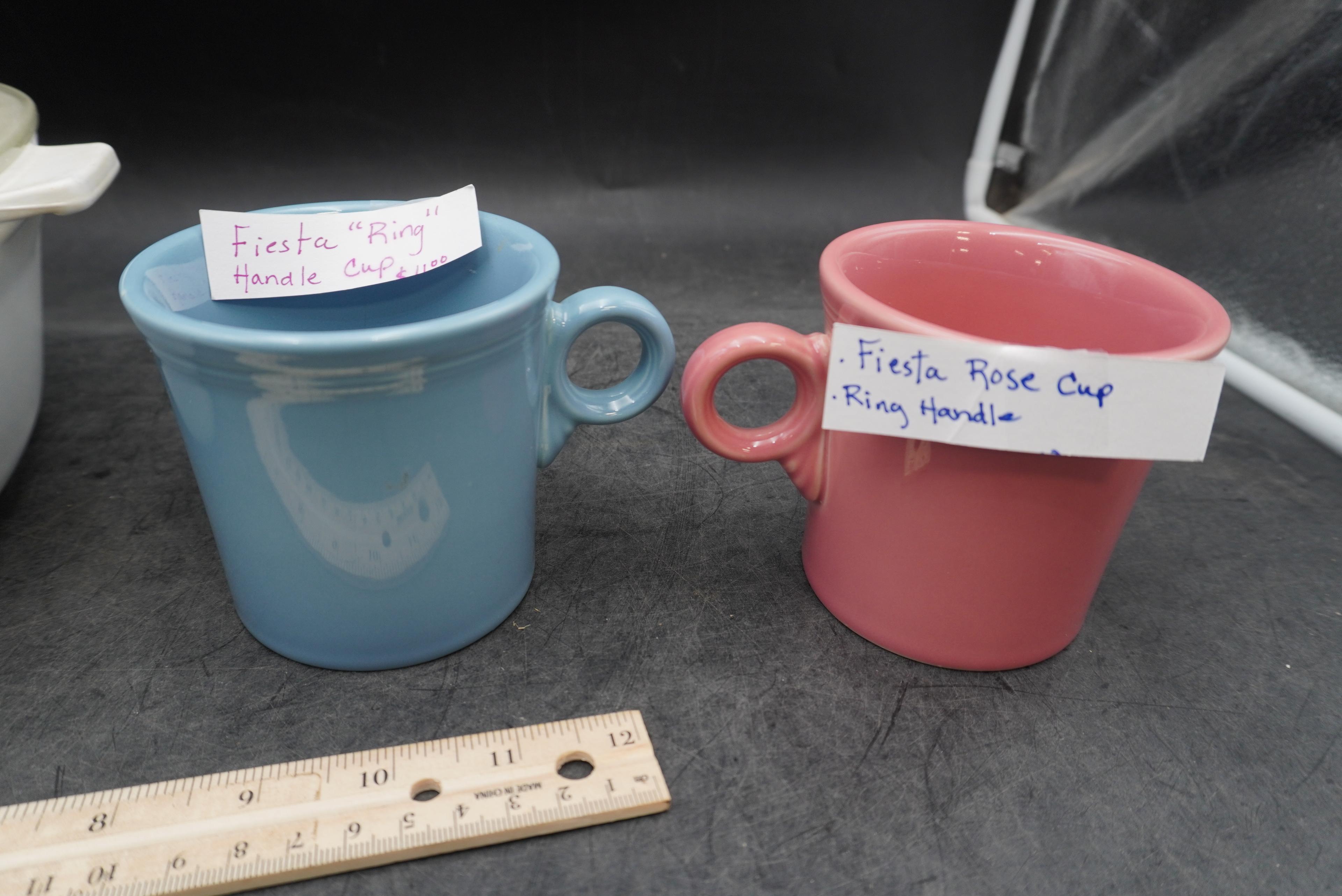 2 Fiesta Cups W/ Ring Handles & Corning Ware Dish (Chipped) W/ Lid