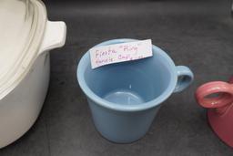 2 Fiesta Cups W/ Ring Handles & Corning Ware Dish (Chipped) W/ Lid