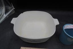2 Fiesta Cups W/ Ring Handles & Corning Ware Dish (Chipped) W/ Lid